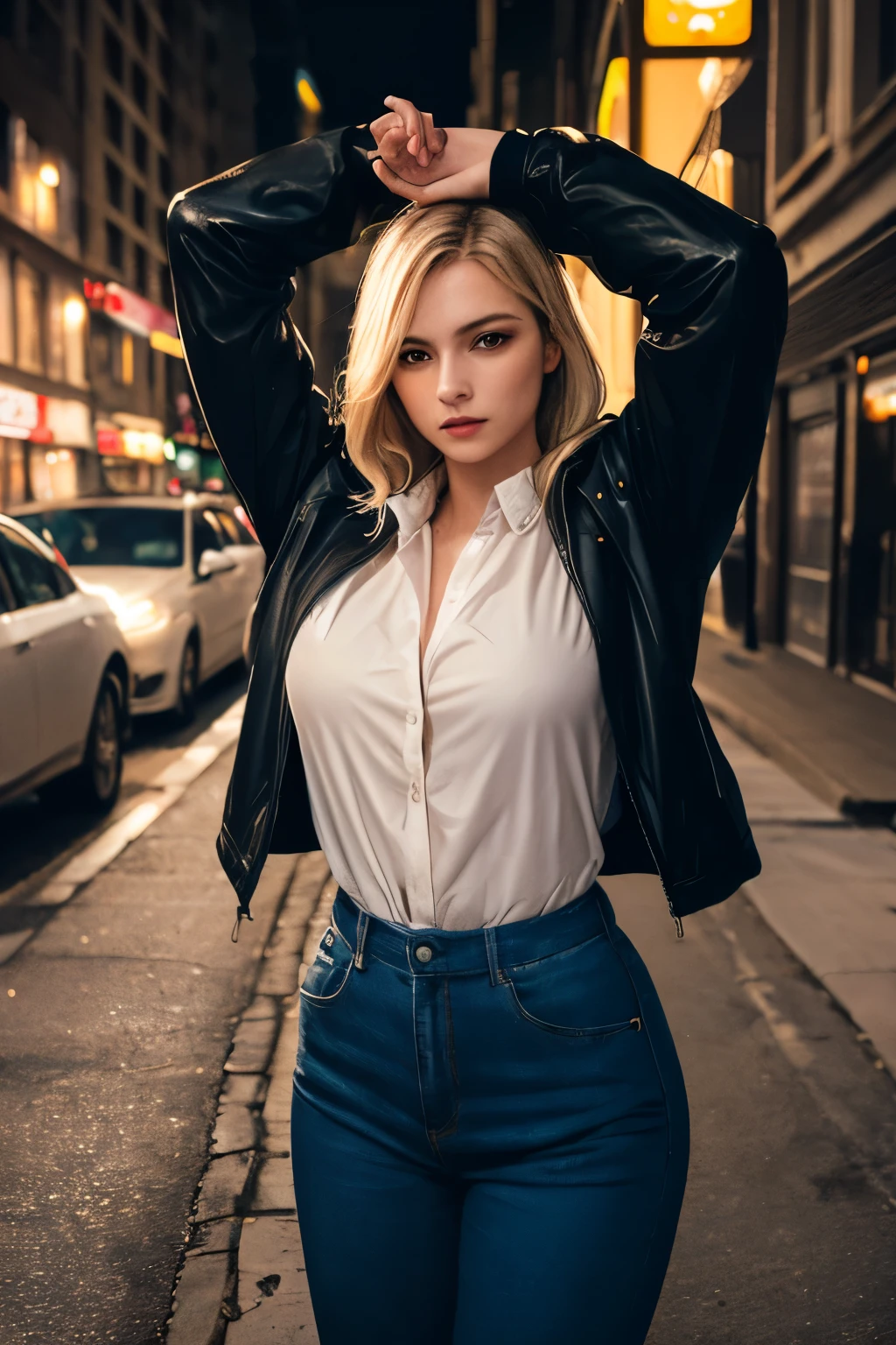 (best quality, masterpiece, high resolution:1.1),(photorealistic:1.4), raw photo, hyper detail, high detailed portrait, natural light, natural shadow,  Beautiful european girls with blonde hair, slim waist, cropped hooded jacket, White blouse, long pants, Unbuttoned shirt, ‎night street,neon light, in the dark,arms behind head