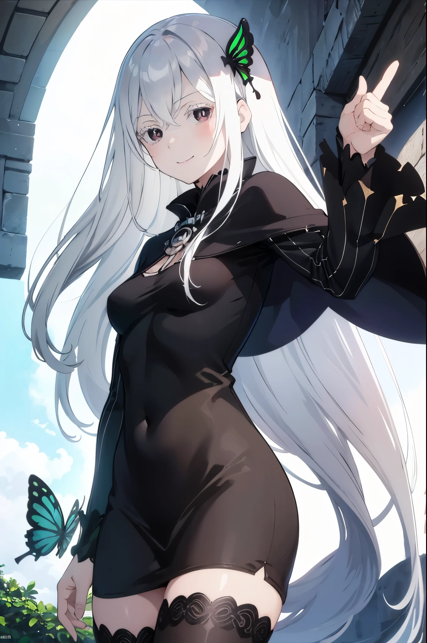 masterpiece,  best quality, high solution,  Best Illustration ,  super fine illustration,  Official Art, anime scencap,  detailed beautiful faces and eyes ,  anime key visual, (perfect anatomy:1.1),  8K Portrait , ( detail-focused finger :1.2), 
 1 girl,
Echidna, 
Echidna \(:zero\),
Long Hair, 
Gray Hair, 
( dark eyes:1.2), 
Butterfly Hair Ornament, 
small basts, 
fit dss , long black dss, Black Cape, black knee high stockings,
 watching viewers, 
 COWBOY SHOOTING , 
 natural light,  standing , smile, 