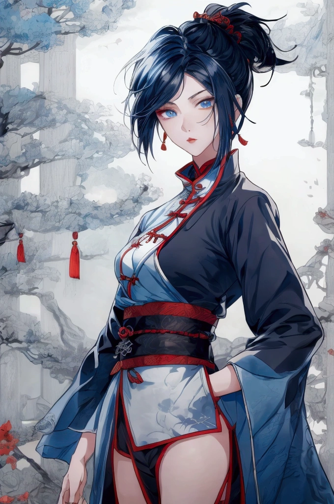 Masterpiece, Best quality, 1 Ji Ruxue, the expression is cold, strong, blue eyes, short hair, wolfcut hairstyle, smoky mix blue color hair, resolute eyes, red lips, simple Taoist Taoist uniform, Chinese mix morden, frontal photo, black or white background, simple background, anime, illustration, Chinese style short-sleeved shirt, cool girl, Ji Ru Xue, Fullbody, blank background , full HD, full body, leggy, standing position, simple background
