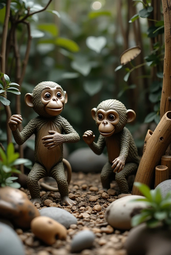 A colorful sculpture,Two monkeys hugging each other,(((The monkey has green grass on its head))),Big eyes,Black hair,k hd,Master rhythm,ancient wear,Sony SLR,Full body photo,k hd,Close-up shot,