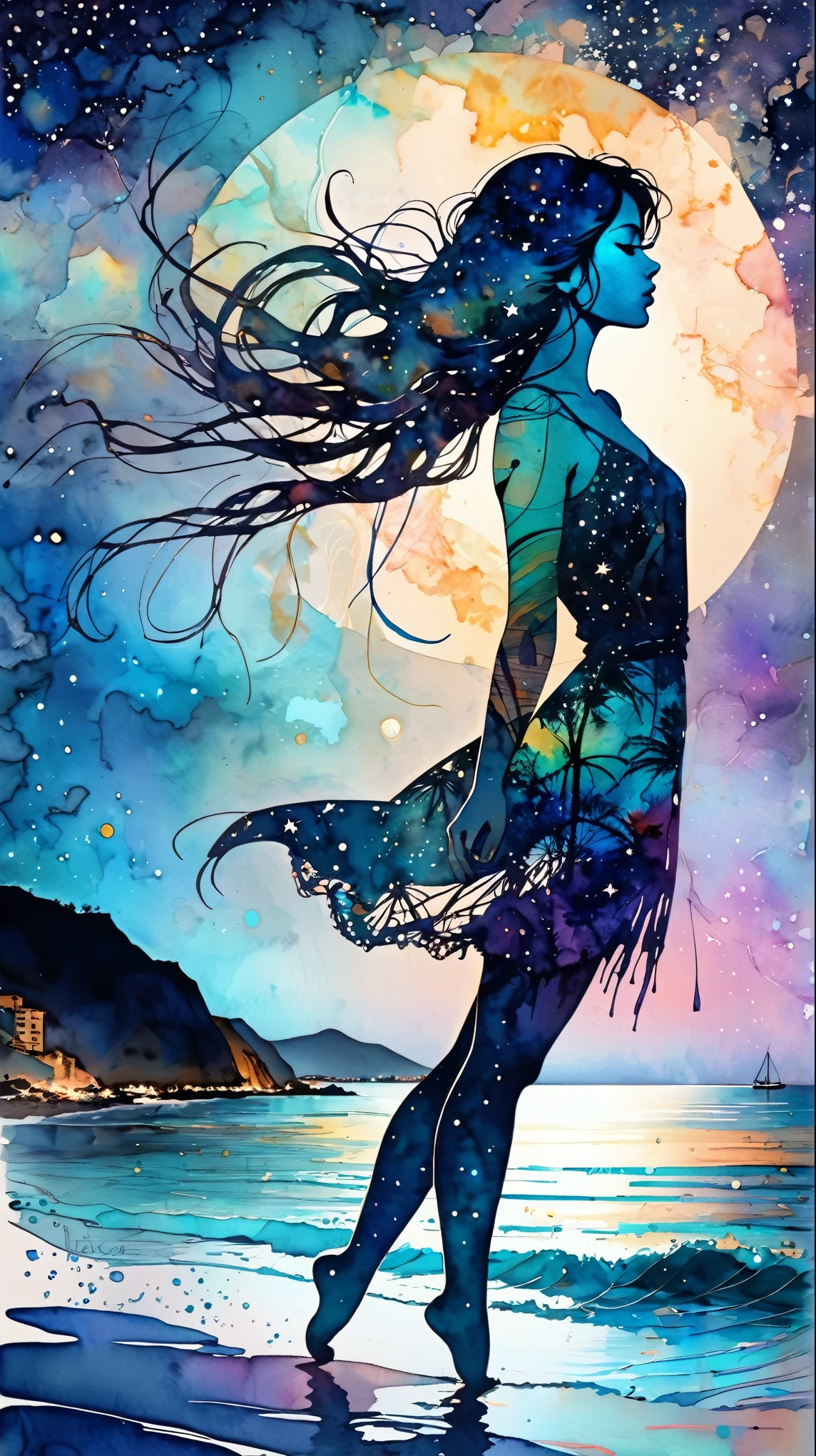 Stylized double exposure effect watercolor art, in the style of Carne griffiths, conrad roset. Silhouette superimposed against the coast of Oaxaca. Seascape at night, starry sky. Slightly impressionist, rich colors, uhd, fine art. Trending on Behance. 8k, 500px quality. Cinematic lighting. Inspired by vintage photography, in the style of Mira Nedyalkova, Tanya Shatseva and Ana Santos 