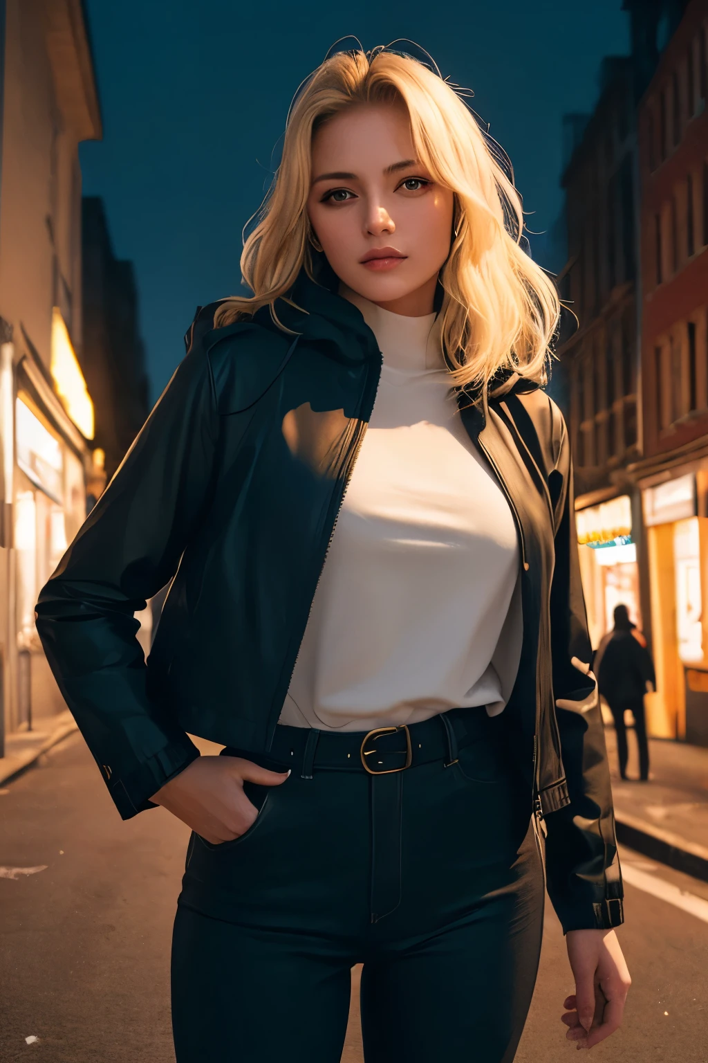 (best quality, masterpiece, high resolution:1.1),(photorealistic:1.4), raw photo, hyper detail, high detailed portrait, natural light, natural shadow,  Beautiful european girls with blonde hair, slim waist, cropped hooded jacket, White blouse, long pants, Unbuttoned shirt, ‎night street,neon light, in the dark,arms behind head