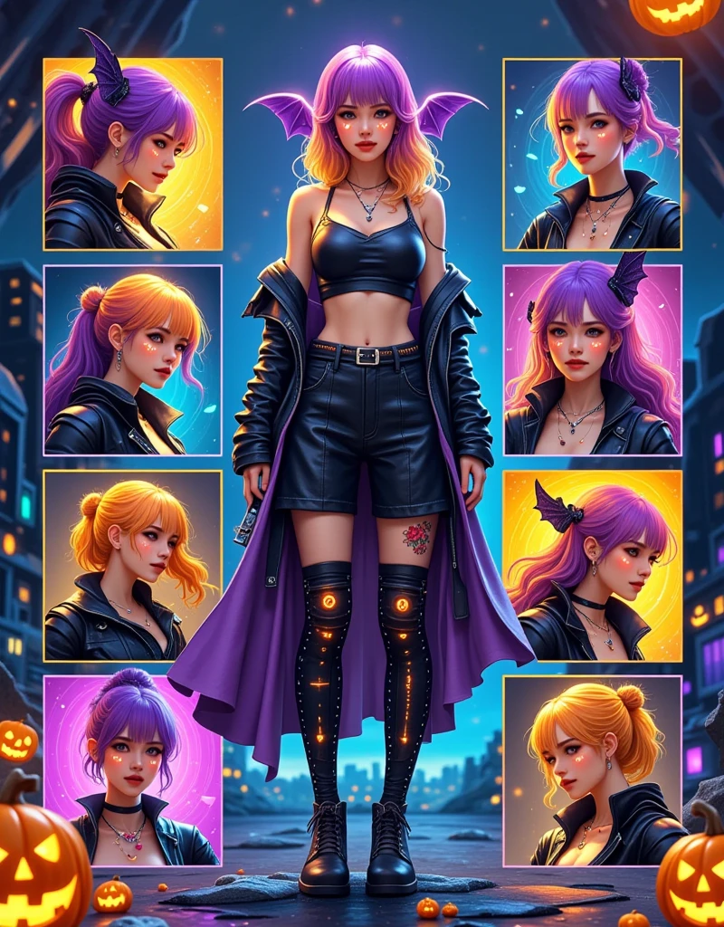 a photorealistic character sheet in a 9x9 grid layout featuring a single consistent character, a cyberpunk witch femme fatale. Each square should showcase different aspects of her design. Include close-ups of her striking features like neon orange or purple hair and piercing eyes enhanced with spooky cybernetic implants that glow in the dark. Show variations of her outfits, highlighting sleek black leather jackets with bat-wing motifs, high-tech accessories like magic wands with glowing runes, and edgy footwear with skull buckles. Add elements like spooky tattoos of bats and spiders and glowing circuitry on her skin that resembles witchy symbols. The background should be a dark, futuristic cityscape on Halloween night with neon lights in the shape of pumpkins and ghosts, emphasizing the character's bold and mysterious persona