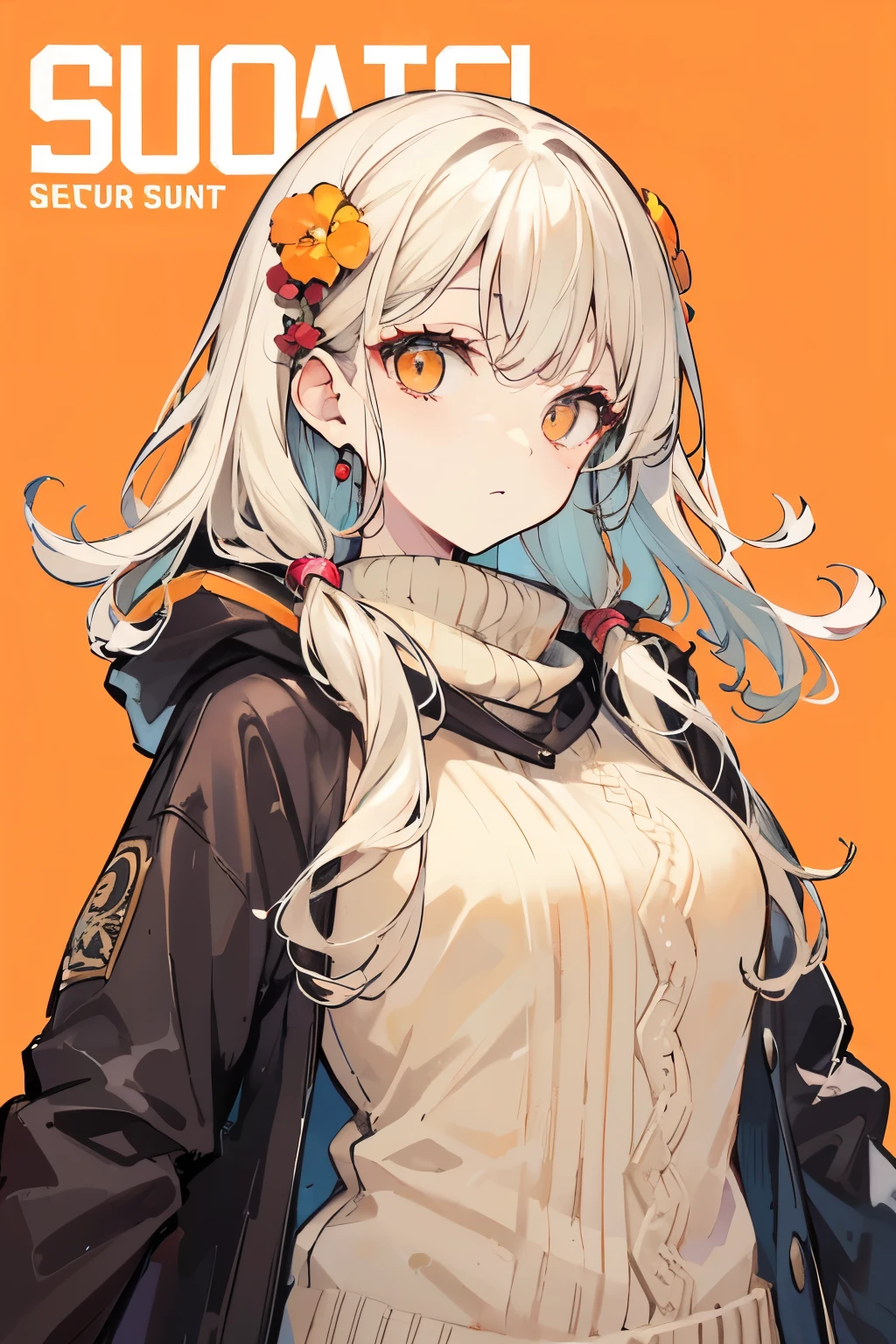   high definition、 best quality、masterpiece、超 high definition、1 female、Age 25、Simple Background、white-beige hair、Natural Curl、 long hair、 orange eyes 、Slanted Eyes、 cool expression、 slender figure,Winter clothes、 mature、 head on、