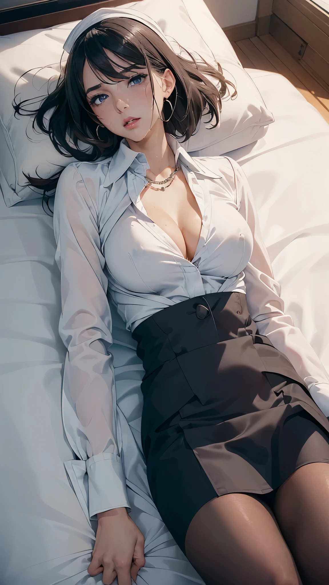 (masterpiece: 1.3), (Maximum resolution: 1.2), (Ultra HDTV: 1.2), Cinematic Light, 8k resolution, detailed facial features , ( sharp concentration: 1.2), ( face:1.2), Perfect Style, Facial beauty, Acura, anatomically accurate, high definition face and skin texture, beautiful eyes , beautiful eyes , Thin eyebrows, glitter eyeliner to raise chest: 1 natural blush, Glowing Skin, white skin: 1.2, ( glossy lips: 1.4),、 ( embarrassing looks : 1.2), high definition face and skin texture, natural blush, , glossy lips: 1.4, Perfect Style、 clevis、 soft breasted 、( ejaculates on chest:5.4)(Sperm on thighs:5.2)、A humiliating look、Anxious expression、 A humiliating look 、 embarrassing looks 、Glare、anger、sorrow、tears、Open your knees、 feet 、 White underwear、 white bra、 Tiny Tiny Earrings and Necklaces、 Disheveled clothes 、 white panties 、 is sweating、Thin underwear、 stockings、28 years old, Nicely Dressed ,1 person、 with chest facing up, first class cabin、 on the bed、(On the back, ベッドに lies down, ベッドに lies downいる, lies down, White sheets:1.3)、 black hair、blonde、 silver hair、Blue-gray eyes 、Green-gray eyes,( stewardess uniform:1.4)、Glare、