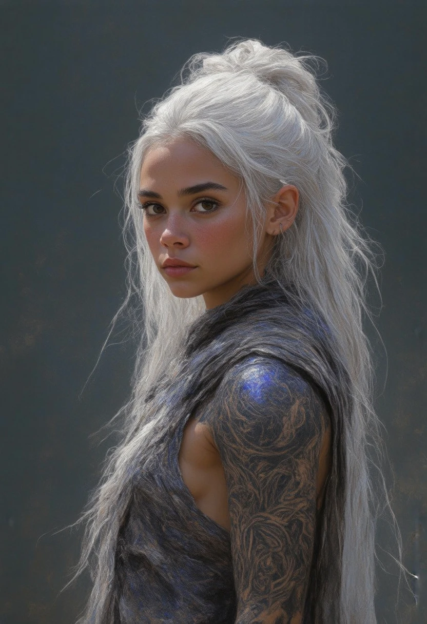 Asa is a young warrior from a fictional, harsh world where she lives with great courage and determination. With her long, white hair often tied in a loose bun, she radiates both strength and grace. Her striking appearance is highlighted by shimmering armor and intricate Maori tattoos that adorn her body. Her gaze is resolute, her posture proud. Asa is a warrior who embodies both the calm of nature and the untamed force of battle deep within her soul.

