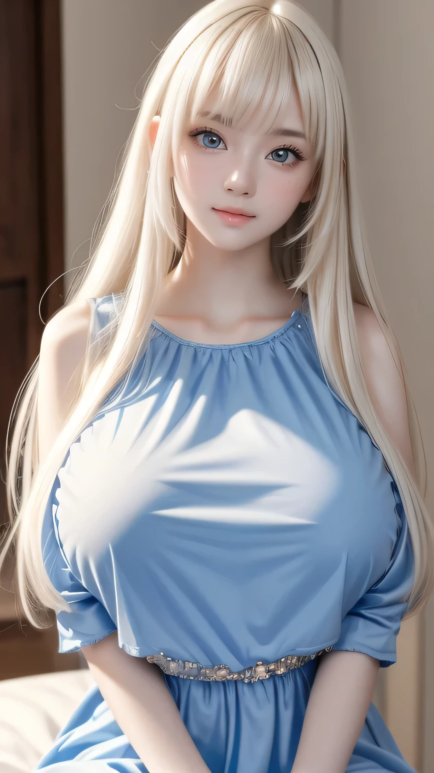 (pale skin:1.3), (huge breasts:1.5), top-quality、超A high resolution、a picture、a photo of a cute girl、Detailed cute and beautiful face、(pureerosface_v1:0.008)、Beautiful bangs、alice in the wonderland、14years、White shiny skin、bangss、Platinum Blonde Super Long Straight Silky Hair、finer hair、Attractive beautiful crystal clear big blue eyes、White Apron、a blue dress、without makeup