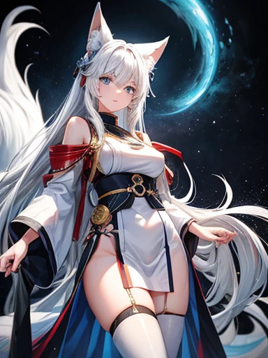 masterpiece, best quality, 8k quality, ultra detailed, a moon goddess with nine fox tails, beautiful, sexy, white hair, attractive bust, thick thighs, dark skin, moon tiara, eyes that shine like the moon, detailed quality, detailed background, monuments in background, glowing moon in background,