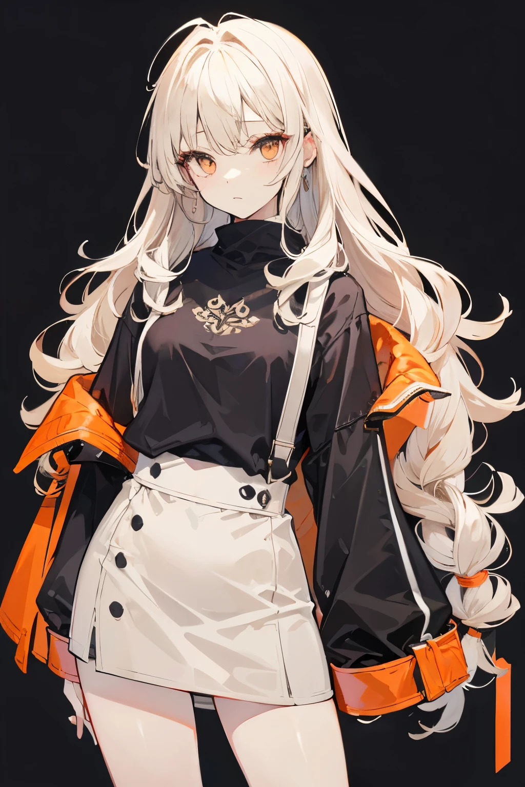   high definition、 best quality、masterpiece、超 high definition、1 female、Age 25、Simple Background、white-beige hair、Natural Curl、 long hair、 orange eyes 、Slanted Eyes、 cool expression、 slender figure,Winter clothes、 mature、 head on、