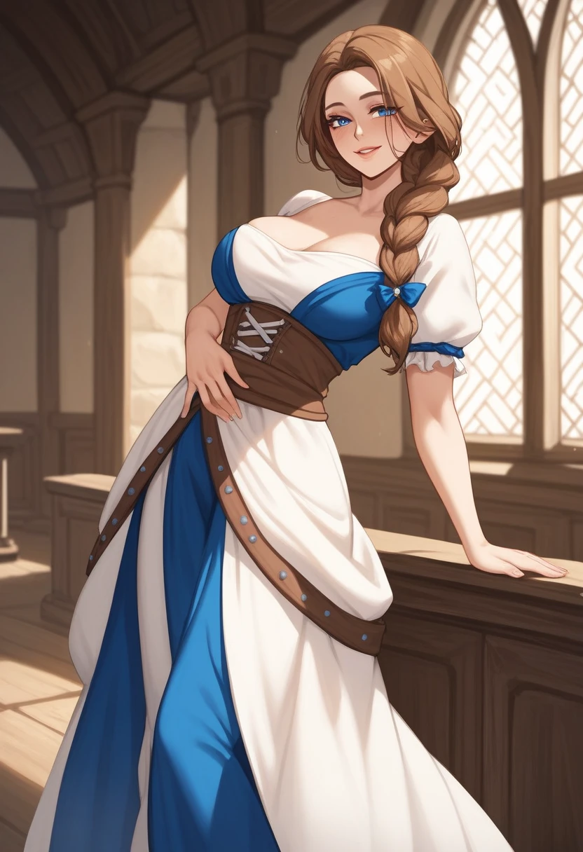 ( mature woman), blushed,  very horny, light skin, medieval, (naughty face), Braided brown hair, blue eyes, (long skirt), beautiful face,  hand on the waist, (pose sexy), Sensual, higher quality, standing pose, (Bottom: Inside a mediaeval-style room)