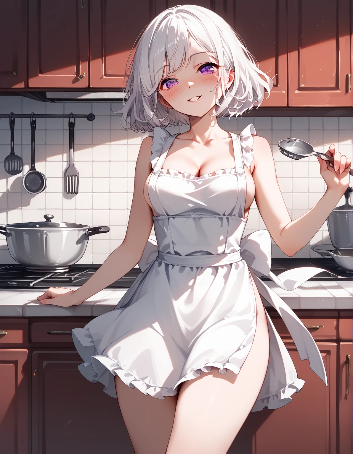 ((((masterpiece, best quality, high resolution)))), 1girl, white hair, purple eyes, bob cut, wavy hair, average breasts, blush, seductive smile, parted lips, glow, thighs, bare shoulders, collarbone, narrow waist, cleavage, (masterpiece), (beautiful detailed face, beautiful detailed eyes), (naked apron, kitchen, cocinar)