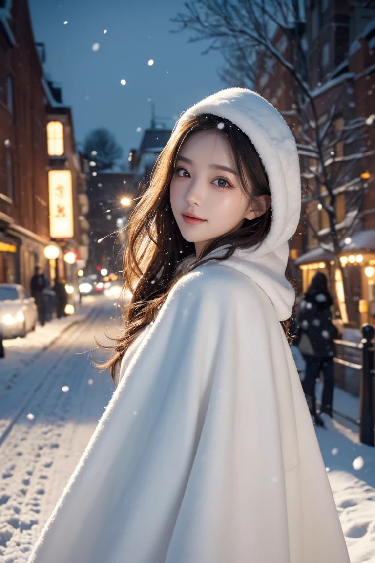 ((best qualtiy, 8K, tmasterpiece:1.3)), Focus:1.2, perfect figure beautiful woman:1.4, Cocked buttocks:1.2, ((long whitr hair)), (Wool cloak:1.1) , (Falling snow, street，stop，copse，snow cover:1.3),Lace aristocratic ****ta costume:1.1, Highly detailed facial and skin texture, A detailed eye, double eyelid，Whiten skin，ssmile，huge tit，Cinematic lighting，Detailed details，Real hair and skin，