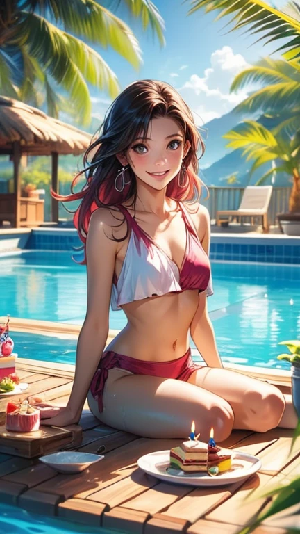 diy7,A young woman lounging poolside on a deck chair in a bikini with high heels, bathed in the warm glow of the setting sun, looking relaxed and comfortable, surrounded by palm trees, swimming pool in the background, a cocktail umbrella on her lap, sandy beach stretching out in the distance, sky painted with hues of orange and pink, dolphin swimming in the distance, tranquil atmosphere, beautiful and serene environment, resort vacation, masterpiece, high quality, photorealistic, cozy atmosphere, detailed character, detailed environment.
