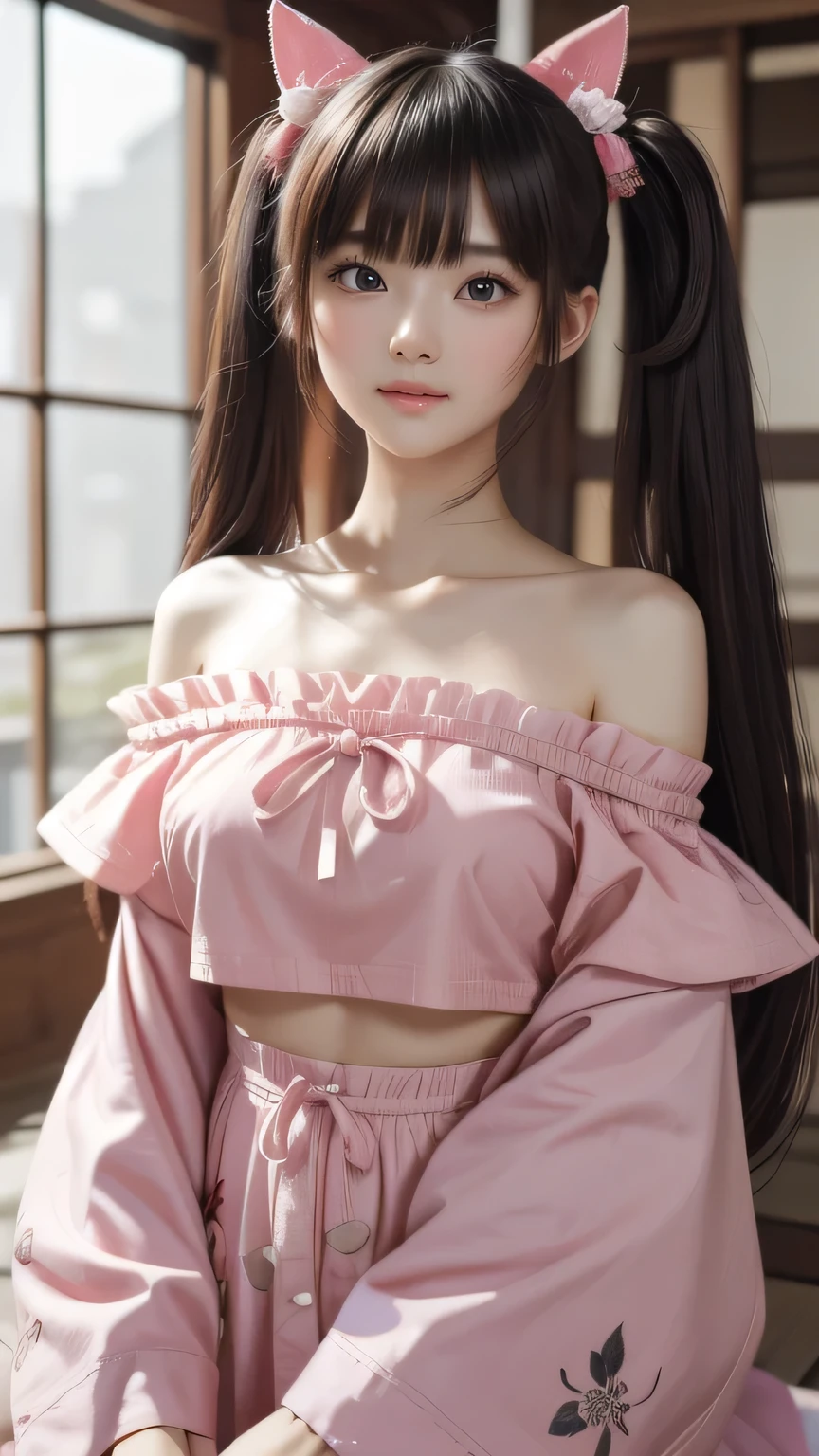 old cute Japanese girl、((Extreme Detail))、(Ultra-detailed)、Highly detailed CG Unity 8K wallpaper、highest quality、muste piece、Emily_T8、off shoulder、pink crop top、Twin tail arrangement、The center of a messy scramble intersection