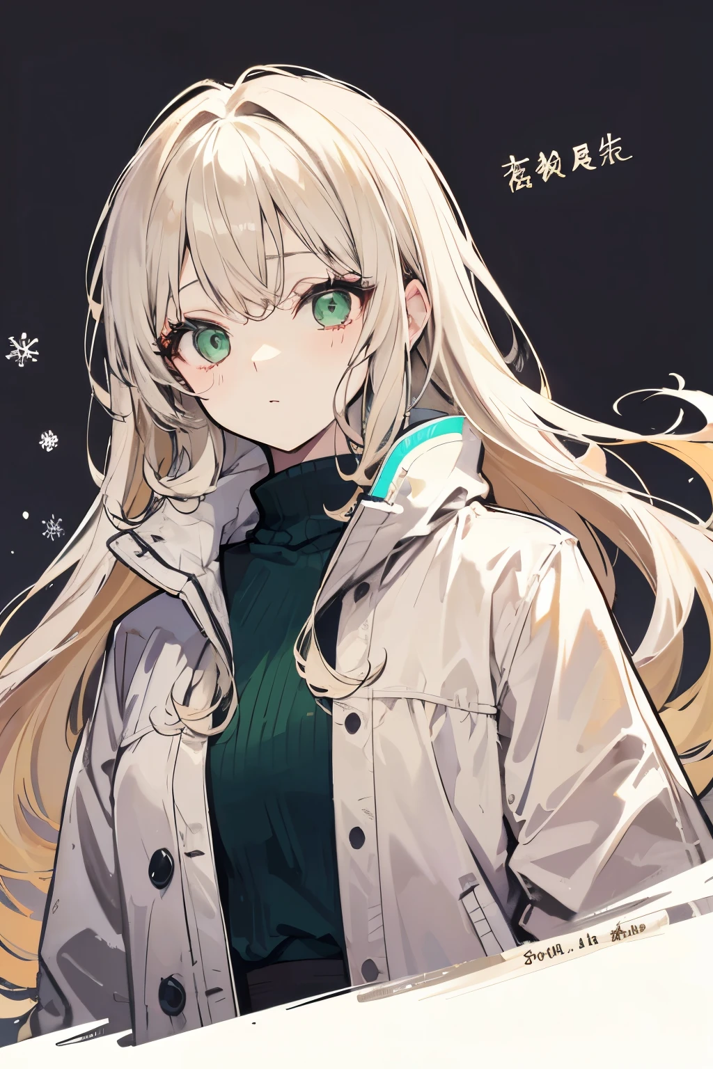   high definition、 best quality、masterpiece、超 high definition、1 female、Age 25、Simple Background、white-beige hair、Natural Curl、 long hair、Green Eyes、Slanted Eyes、 cool expression、 slender figure,Winter clothes、 mature、 head on、