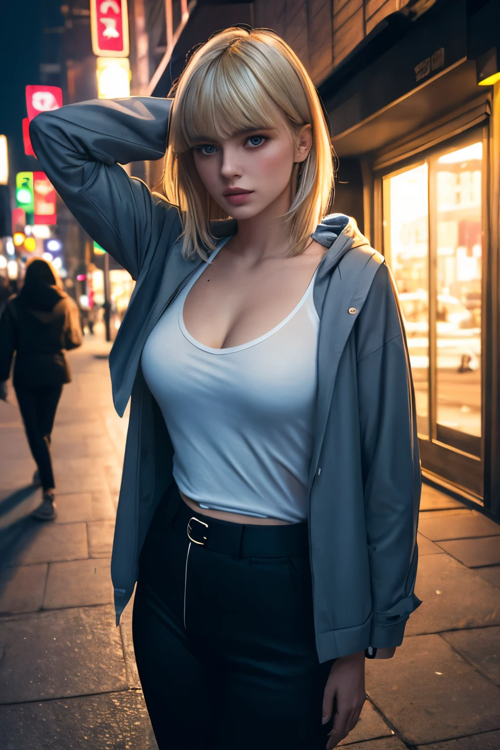 (best quality, masterpiece, high resolution:1.1),(photorealistic:1.4), raw photo, hyper detail, high detailed portrait, natural light, natural shadow,  Beautiful european girls with blonde hair and bang, slim waist, cropped hooded jacket, White blouse, long pants, Unbuttoned shirt, ‎night street,neon light, in the dark,arms behind head