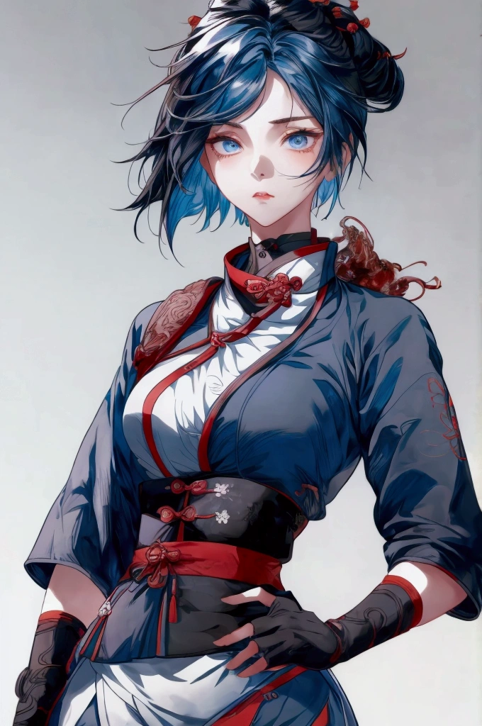 Masterpiece, Best quality, 1 Ji Ruxue, the expression is cold, strong, blue eyes, short hair, wolfcut hairstyle, smoky mix blue color hair, resolute eyes, red lips, simple Taoist Taoist uniform, Chinese mix morden, frontal photo, black or white background, simple background, anime, illustration, Chinese style short-sleeved shirt, cool girl, Ji Ru Xue, Fullbody, blank background , full HD, full body, leggy, standing position, simple background, fullbody