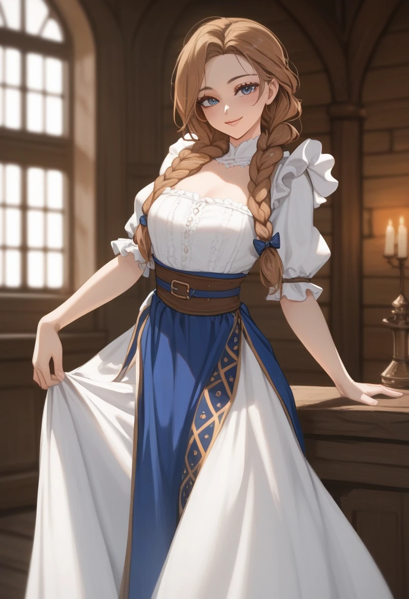 ( young woman), blushed,  very horny, light skin, medieval, (naughty face), Braided brown hair,  dark blue eyes, (long skirt), beautiful face, (seductive look),  hand on the waist, (pose sexy), Sensual, higher quality, standing pose, (Bottom: Inside a mediaeval-style room)