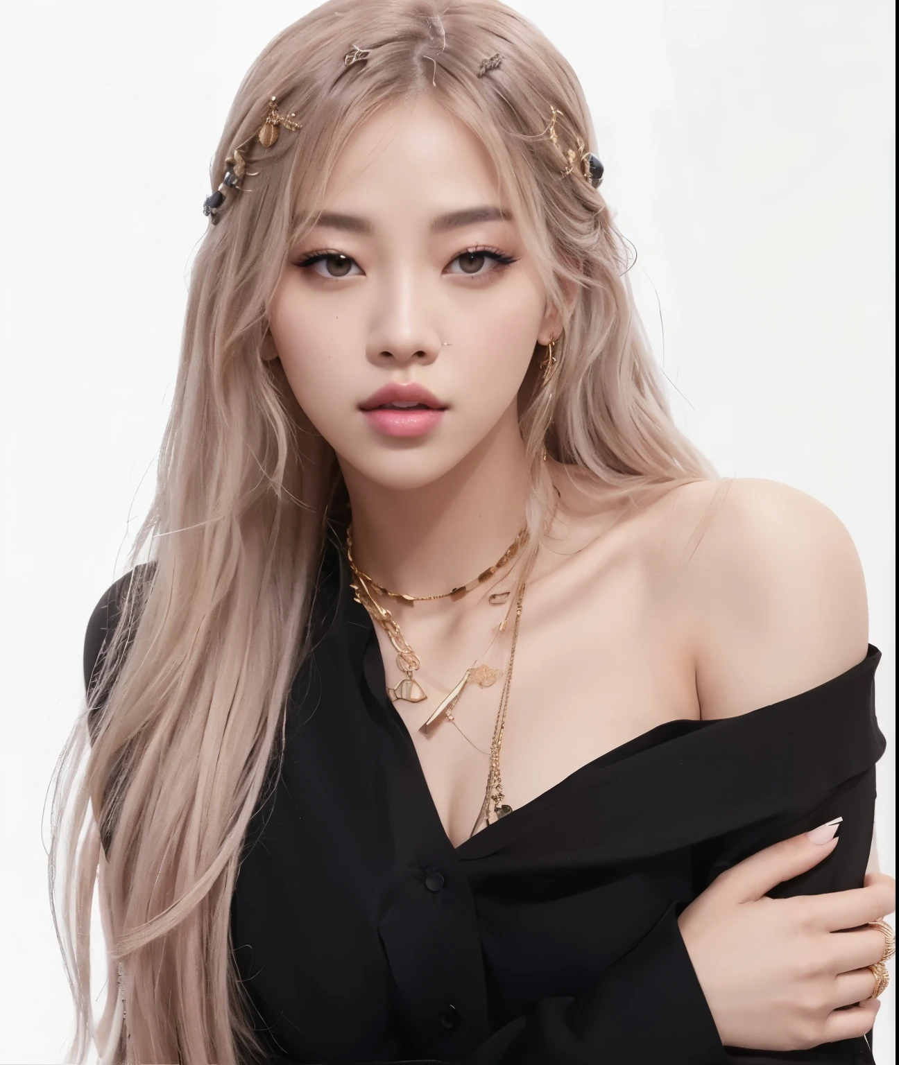 Araffe Woman with long blonde hair wearing a black blouse and a gold chain necklace, roseanne park of blackpink, Retrato de jossi de blackpink, jossi de blackpink, Lalisa Manoban of Blackpink, Lalisa Manobal, Blackpink Jisoo Portrait, jisoo of blackpink, jisoo of blackpink, black rose, JIA, portrait of female Korean idol, Kpop Idol Portrait