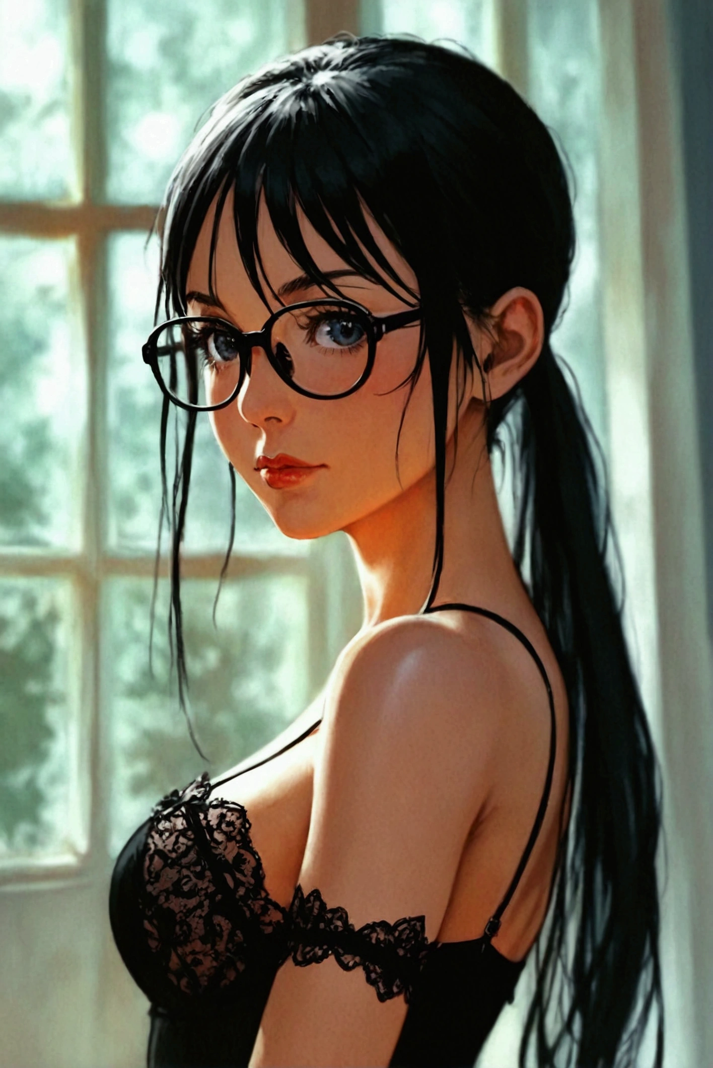 (best quality,4k,8k,highres,masterpiece:1.2),ultra-detailed,(realistic,photorealistic,photo-realistic:1.37), 1girl,rounded glasses,big glasses,beautiful detailed eyes, deep v cleavage, beautiful detailed lips,extremely detailed eyes and face,smiling,looking at the camera,short messy hair,dark-skinned, rounded eyes,cyan blue shirt,black shorts,close up,magazine shot,dynamic pose,studio lighting,vivid colors,portraits