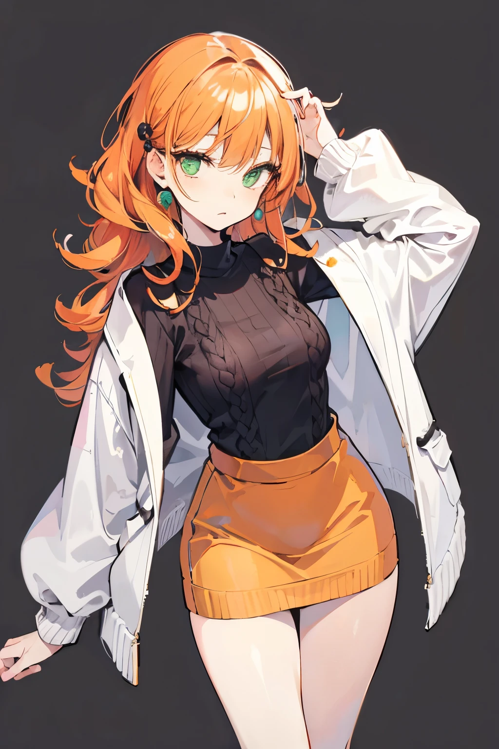   high definition、 best quality、masterpiece、超 high definition、1 female、Age 25、Simple Background、 orange hair、Natural Curl、 medium long hair、Green Eyes、Slanted Eyes、 cool expression、 slender figure,Winter clothes、knit、 mature、 head on、