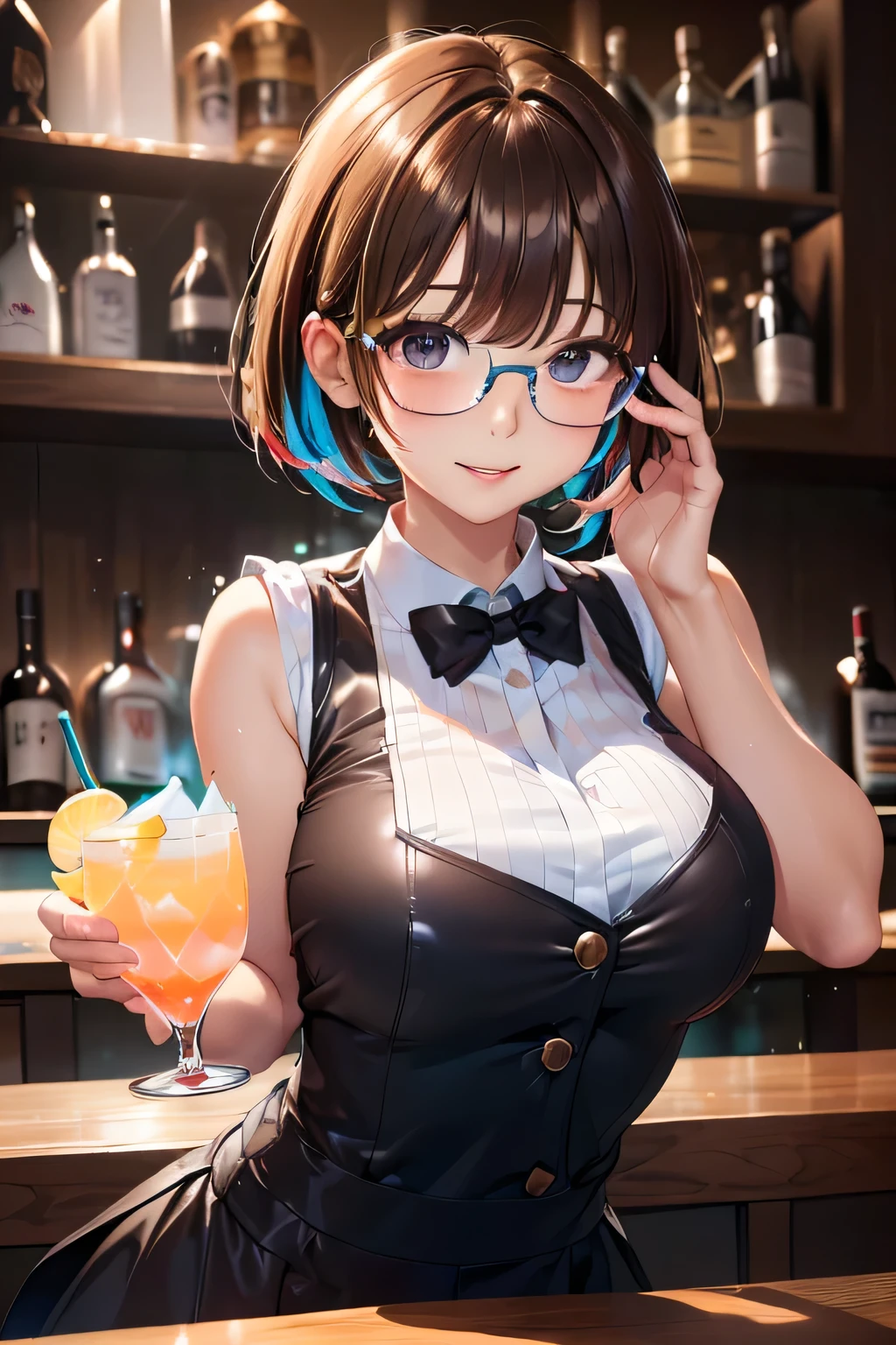 Anime girl with glasses and a drink in a bar - SeaArt AI