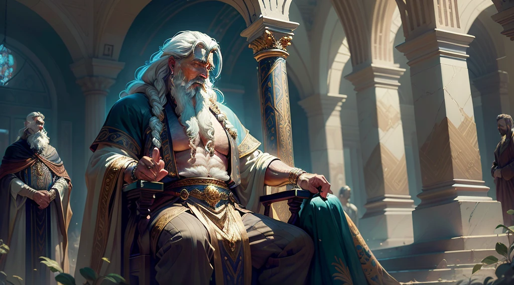 Size: 1920 x 1080 pixels StyleA: Art in the Style of Medieval or Renaissance Illustration Main visual: Zeus, a middle-aged man with a robust build, long flowing white hair, and a beard, holding a glowing thunderbolt, seated on a golden throne. His piercing blue eyes radiate power and authority. Background: The grand hall of Olympus, with marble pillars, ornate gold decorations, and a celestial aura. Additional elements: Other gods seated or standing nearby, with their distinct attributes. A feeling of reverence and dominance fills the atmosphere.
