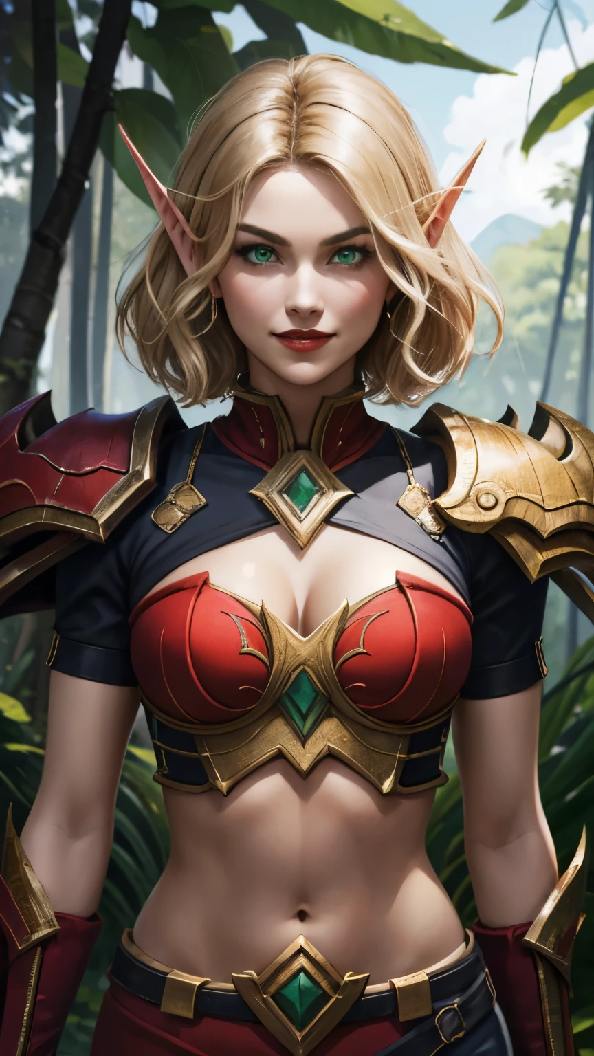 (8K, highest quality, masterpiece:1.2), High resolution, masterpiece, break, beautiful woman, beautifully mouth, highly eyes and face, beautiful fine eyes, upper body, slim body, 20 years old girl, (1girl, short hair, pointy ears, angry, smile, clenched teeth, lustful eyes, red lips) (digital) (Looking at viewer), (Forest background)), best quality, blonde hair, red shoulderpads, black sleeves:1.2, red shirt:1.2, green eyes, gold trim, zipper on middle of the chest, Armor, crop top, navel, bloodelf