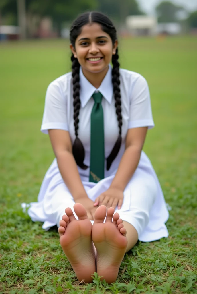 beautiful cute Sri Lankan school girl, in barefoot, Large breast size , 20 years old, wearing a white frock and a dark green tie. She has plaits, black braided long hair, barefoot, correct anatomy of feet and other body parts, feet focus, sitting on the grass floor, brown skin tone, sweaty skin, sweaty soles
