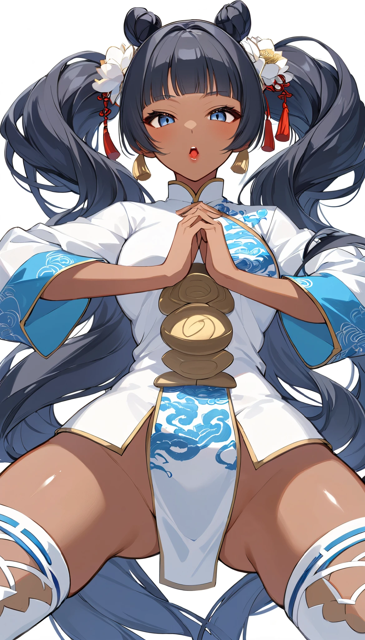 Bottom View, White background、 open your mouth、 simple background、 dark skin tone 、TWIN BANS LONG HAIR 、 blue china clothes、 Thick lips、(( tan:1,5))、Taekwondo poses、