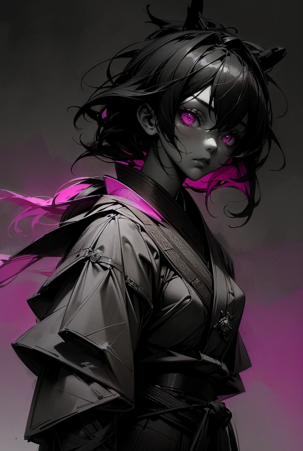 samurai girl,cool,in the style of black and white,((pink eyes)),silhouette,atmospheric impressionism, darkly romantic realism, pre-raphaelite realism, grainy,colorful background,