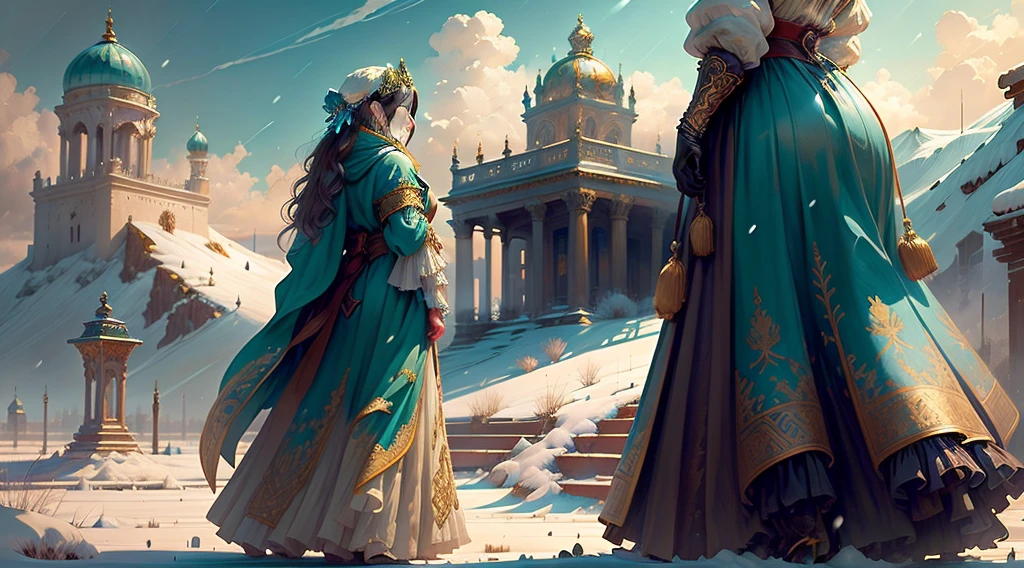 Size: 1920 x 1080 pixels StyleA: Art in the Style of Medieval or Renaissance Illustration Main visual: A towering, snow-capped mountain piercing through the clouds, with a golden, glowing palace atop it. The palace is adorned with intricate columns and statues of Greek deities. Background: A vast, ethereal sky, painted with hues of blue and gold, with soft, swirling clouds. Additional elements: Tiny figures of gods walking on the palace grounds, surrounded by beams of divine light. A feeling of awe and majesty permeates the scene.
