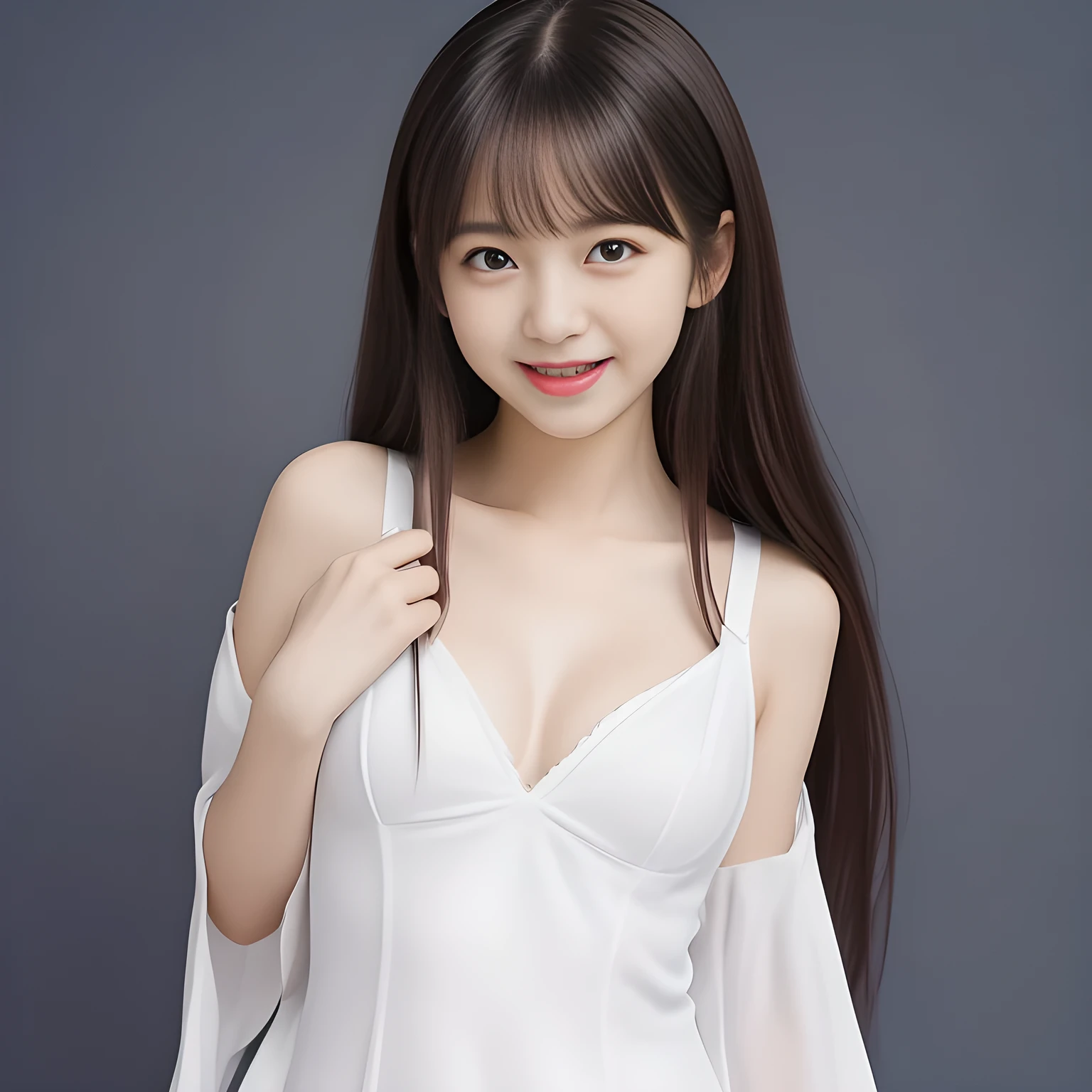 (Highest quality, masterpiece:1.2), Highest quality, High resolution, 1080P, 8k, (A yo Japanese beautiful girl idol is seated and giving strong subliminal sexual invitation and temptation, looking at the viewer, can't stop showing cute smile open mouth because of feeling too funny about the viewer, very white-white face, very proud of her long straight black hair, using face-whitening cosmetics, 14irl's eyes, opened laughing giggling most open mouth, taking off too expensive navy sailor-styled one-piece school uniform with her fingers, well-straitened super-long well-trimmed long hair, evenly neatly trimmed girly cute bangs: 1.5), (white bra-lines, white skin of shoulders and upper-breast: 1.7), (Laughing blushed cheeks with dimples), (Well-balanced, impressive, very intelligent, double-eyelids, black shining camel-like large eyes of 14yo yng idol with detailed: 1.5), ((Beautiful well-figured glossy opened laughing lips: 1.2)), (mature breast), (The viewer can't stop madly kissing them because of her beauty and subliminal strong invitation), (Very beautiful, super-glossy, cute neat black amazingly long hair, straight well-done long hair-style: 1.3), (plain blue background: 1.6), (((Completely balanced beautiful big cool eyes, looking coldly at me!: 1.3))), (eyes, face and hair are especially beautifully detailed and beautifully drawn: 1.5), (The soft white light clearly shows her face extremely white: 1.2), (Too luxurious and expensive), (too-cute slender 14yo super-long-hair Japanese beautiful-young-girl idol is laughing and undressing, super-widely open laughing mouth like eating the viewer, everything is girly, neat and too beautiful: 1.6), (Super long hair 14yo super-cute-face pretty young idol of school idol photo magazine, she is slipping down navy-sailor-suit one-piece school-uniform from her shoulders but the navy uniform still covers the breast: 2.1), (Inevitable invitation and temptation to the eternal pleasure world: 2.0)