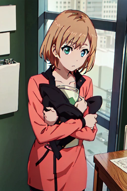 best quality, masterpiece, highres, solo, {miyamori_aoi_shirobako:1.15}, short_hair, brown_hair, blue_eyes, 1girl, bangs, green_eyes, Short body-hugging dress, indoors, looking_at_viewer, closed_mouth, upper_body