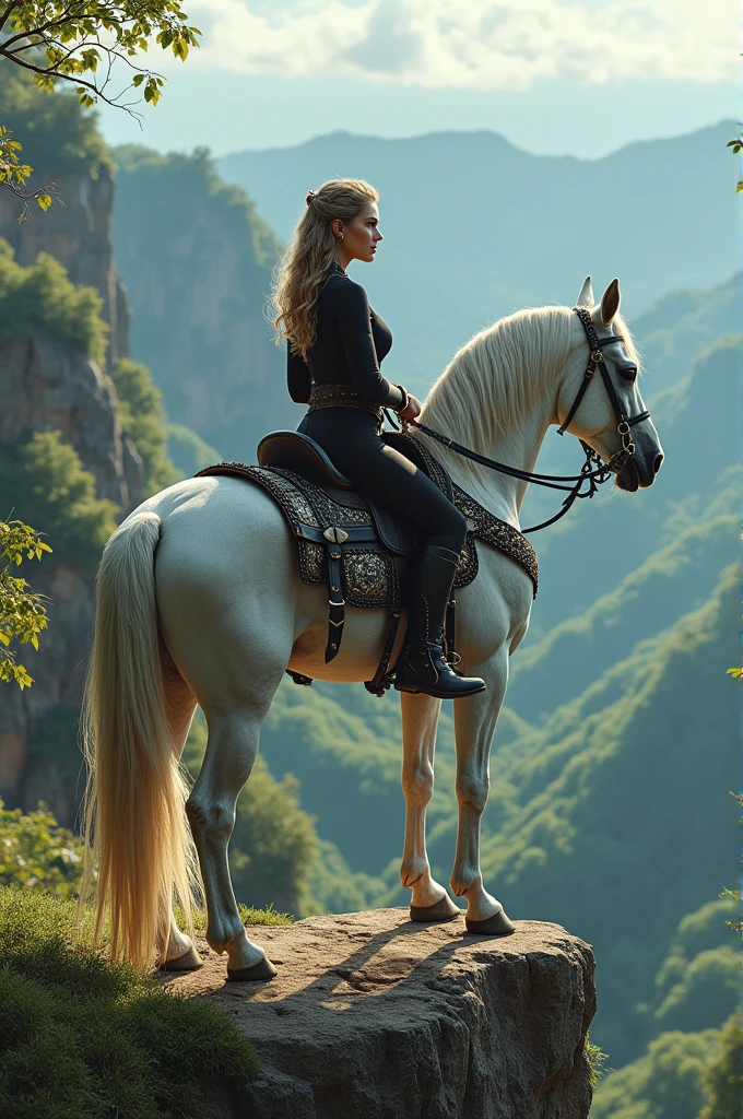 Create a realistic scene of a beautiful white and black horse adorned with leather and silver on the edge of an exuberant cliff looking at the horizon with a woman riding an exuberant background