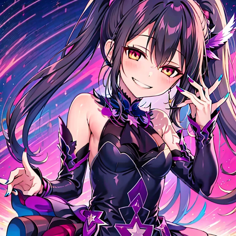 (best quality:1.2), 1 girl, alone, ponytail, star hairpins, black feather hairpin, nail painting, vibrant colors, dreamlike lighting, detailed floral background, evil smile