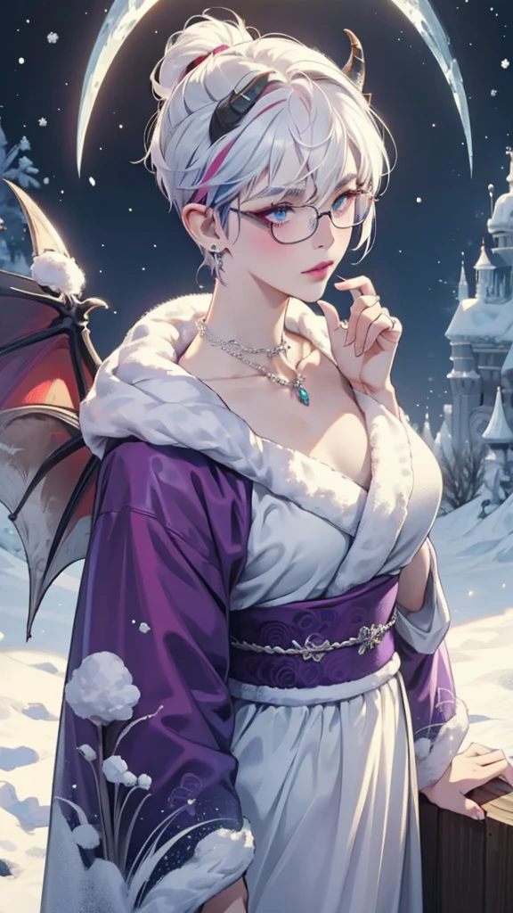 8k, masterpiece, best quality, highly detailed, 1 girl, devil, demon horns, warlock, pixie cut, white hair, multicolored hair, very short straight hair, red highlight hair on white hair, stippled hair, wearing glasses, round glasses, earrings, red eyeshadow, long eyelashes, blushed cheek, purple lips, pearl necklace, rings, collarbone, mole on face, glamorous, teal and purple kimono, expressionless, close up view, rings, looking at viewer, standing, frost, death, winter, snow strom, tundra, turning back, back facing viewer, looking over shoulder, exposed nape