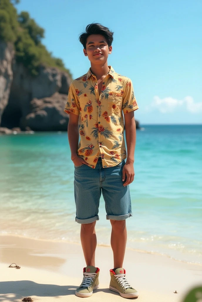 An ultra-realistic, highly detailed image of a 17-year-old Japanese boy with tanned skin, an athletic body, and black hair. He wears a straw hat on his head and an open red cotton vest. He is dressed in a pair of well-worn, faded blue shorts that reach his knees. On his feet, he wears sandals. He is walking on the sand of a beautiful beach, smiling broadly for the photo. The image is captured in an editorial style, with warm, golden light from the setting sun. The scene is shot with a Fujifilm X-T4 paired with a 56mm f/1.2 R lens, ensuring sharp details and a shallow depth of field. The aspect ratio is 9:21, emphasizing the vertical composition 