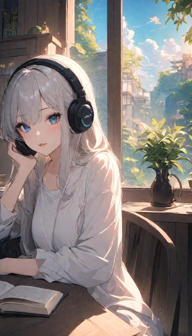 Anime girls wear headphones、sitting at a desk with a book, Anime Style 4k, Nightcore, Anime Art Wallpaper 4K ,  Anime Art Wallpaper 4K,  Anime Art Wallpaper 8K, 4k anime wallpaper, anime wallpaper 4k,  anime wallpaper 4k , Anime atmosphere,  Best Anime 4K Kona-chan Wallpaper , anime style aesthetics ,   Anime Moe Art Style ,  Relaxing Atmosphere 