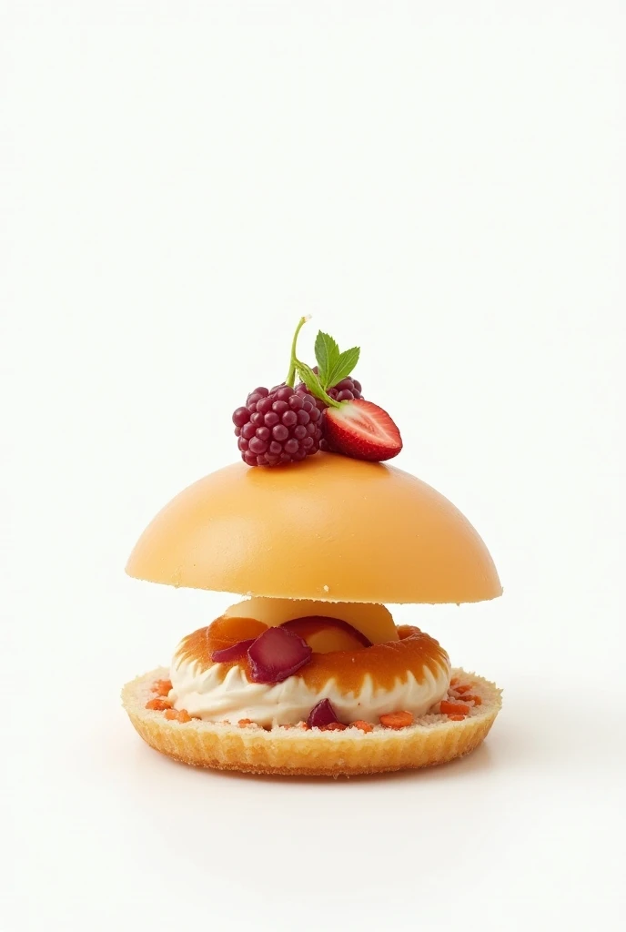 make a picture of a surprise dessert in the form of a breaking sugar dome. let the dessert be exquisite and real . let the background be white so you can easily crop