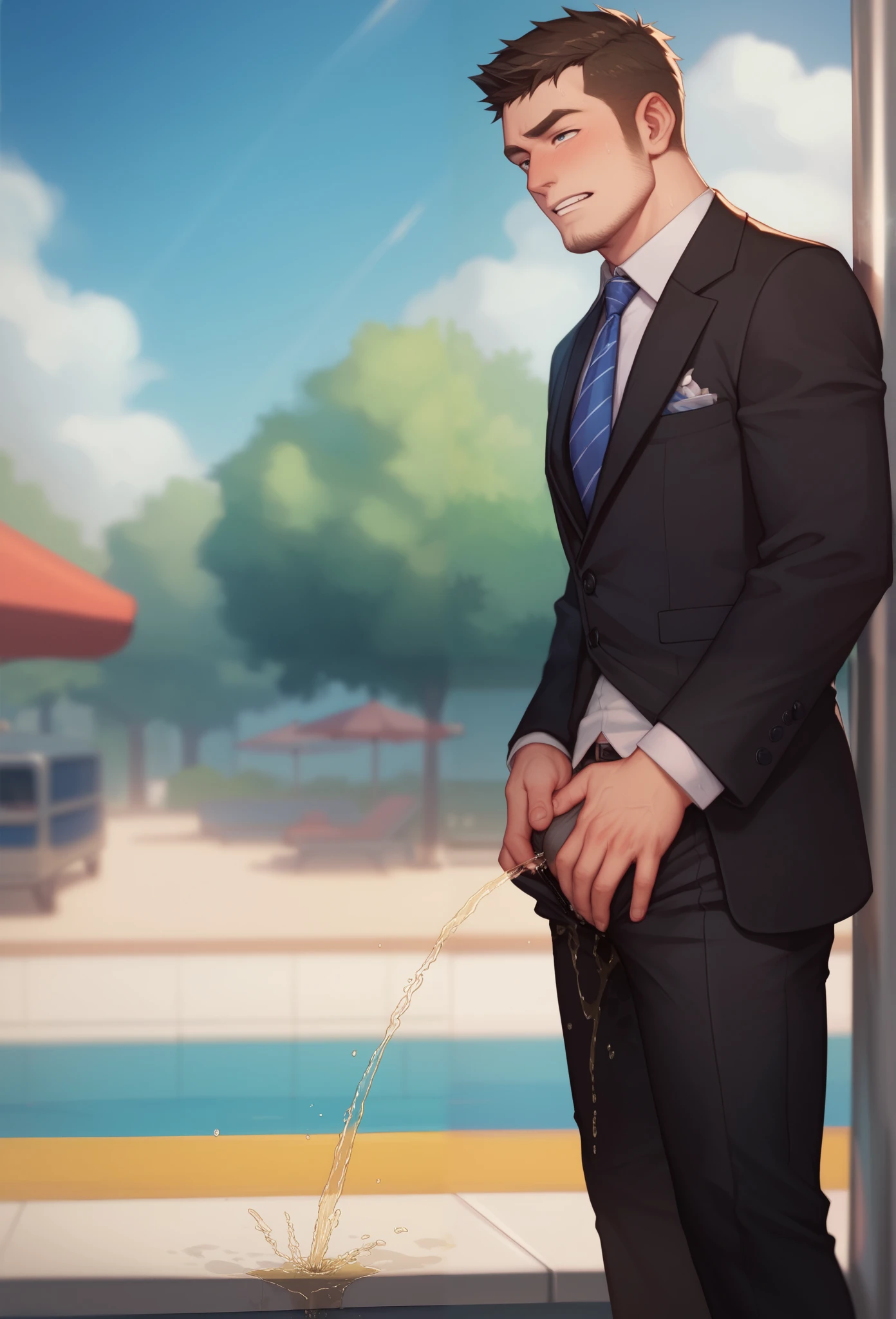 45 years old fat and mascular man, wearing black suit. He is peeing himself in the train. He couldn't hold his pee. There is a large pee wet spot on his crotch. Pee stain on his pants. Pee wet spot on his crotch. He is ashamed of peeing himself. he is perplexed by the situation