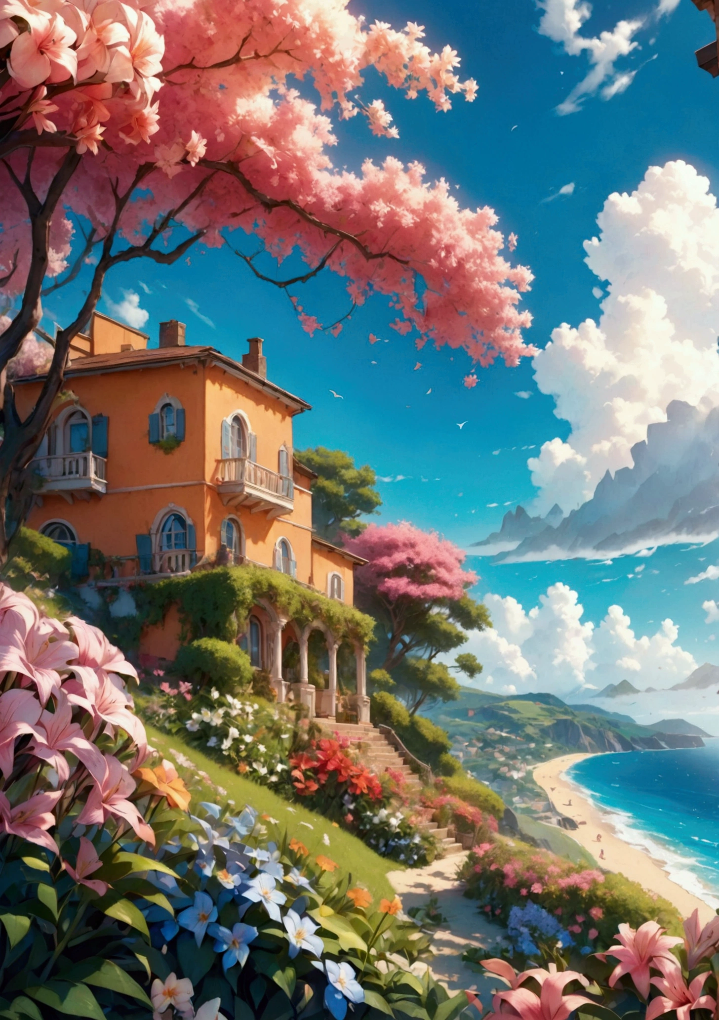  In this breathtaking HD 8K Ultra HD photo, illustration style, movie close-up. Very detailed, the foreground is a beautiful house on the hill, surrounded by flowers, and the distant view is a beautiful beach by the sea, as beautiful as a fairy tale