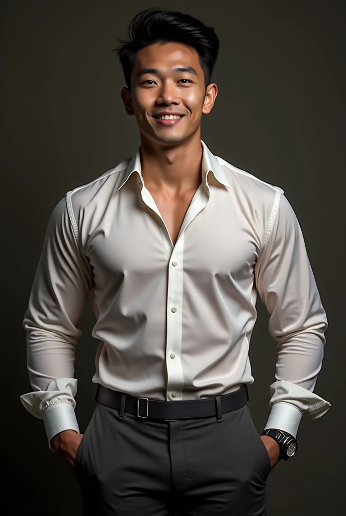 Asian man,27years,hot frat guy wearing a suit, open shirt, black suit jacket, black suit pants, showing off his body, defined abs and defined pecs, smirking, cinematic shot, hard shadows, RAW candid cinema, 16mm, color graded portra 400 film, remarkable color, ultra realistic, shot with cinematic camera, high quality photography, 3 point lighting, flash with softbox, 4k, Canon EOS R3, hdr, smooth, sharp focus, high resolution, award winning photo, 80mm, f2.8, bokeh, masterpiece realistic, best high quality