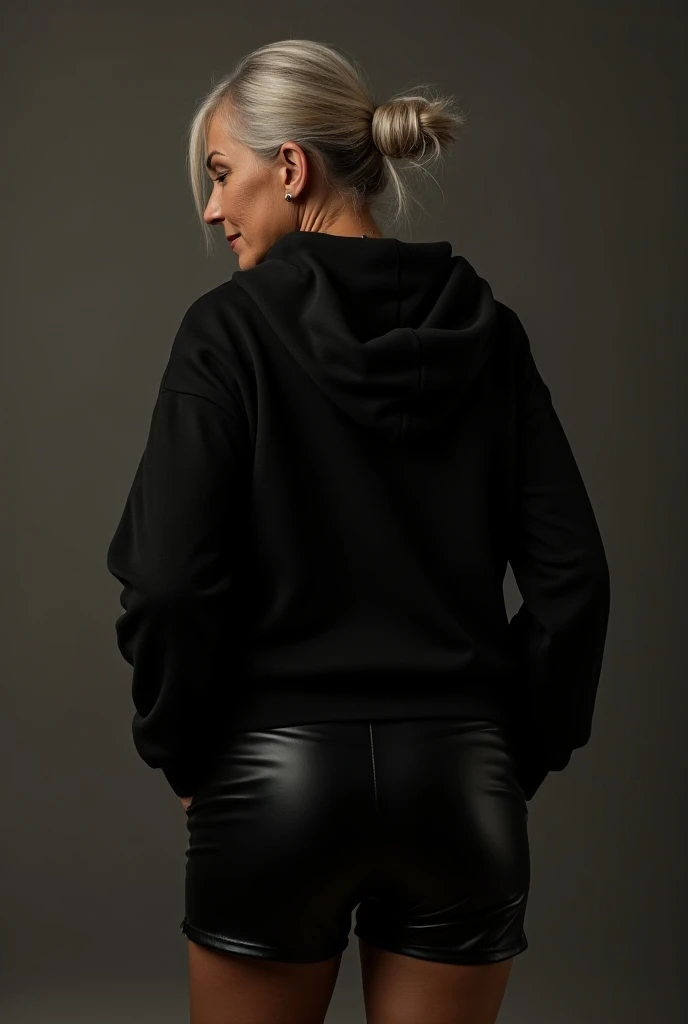 black woman hair in a bun black hoodie black leather short shorts being fucked in the ass by a old grandma in a dress