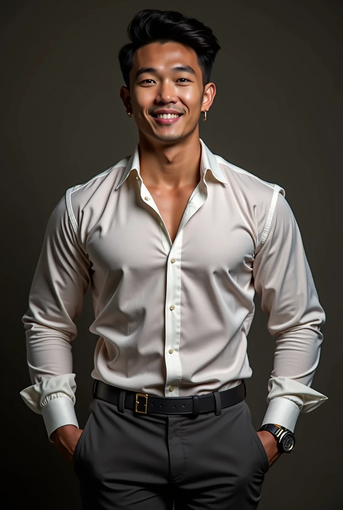 Asian man,27years,hot frat guy wearing a suit, open shirt, black suit jacket, black suit pants, showing off his body, defined abs and defined pecs, smirking,  ultra realistic, shot with cinematic camera, high quality photography,, flash with softbox, 4k, Canon EOS R3, hdr, smooth, sharp focus, high resolution, award winning photo, 80mm, f2.8, bokeh, masterpiece realistic, best high quality,Real-life Photorealism, Raw Portrait Photography , There are abs, Differential crushing cap, rough breath, Black hair, Messy hair, modern, hyper HD, Masterpiece, curate, This photorealistic portrait combines the style of National Geographic., Capture every detail of his textured skin in 8k resolution. Leica digital SLR. (8K UHD、RAW Photography、Photorealistic Portrait Leica Digital SLR、Lifelike images) , sitting on floor, , slightly open mouth, 
