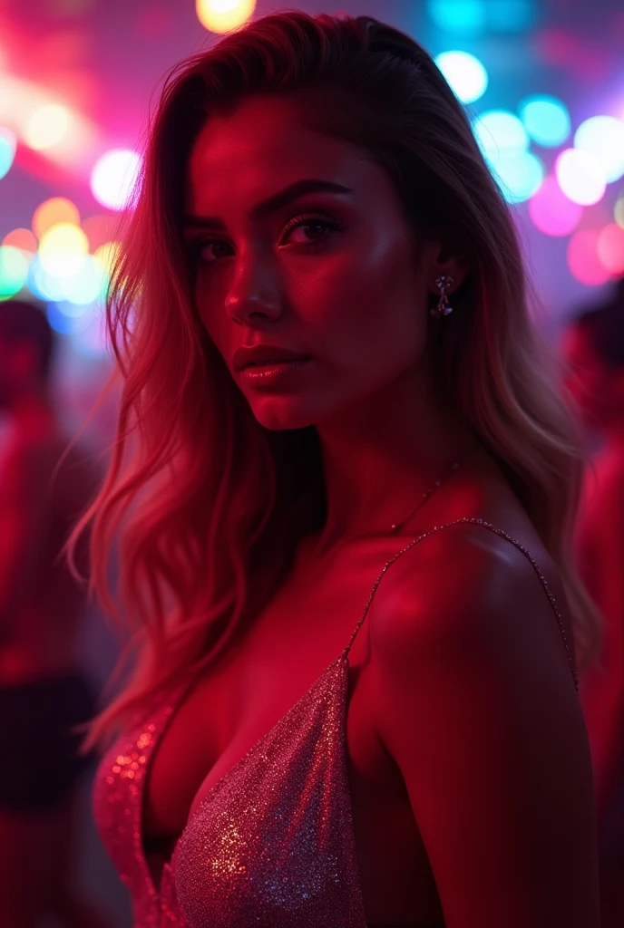 A Brazilian woman in a glittering nightclub, wearing a tight, low-cut dress, with a close up of the lines of her and the neon lights reflecting off her body, highlighting her charm and evening vibe .