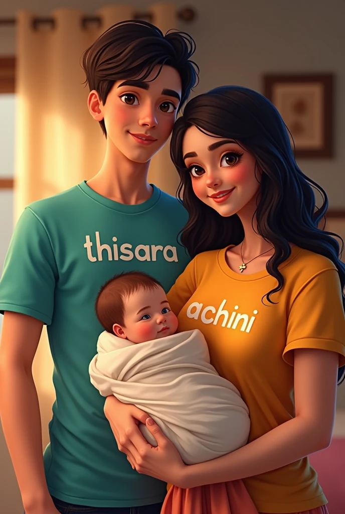 Happy man and woman couple with their baby son with beautiful smile Cartoon style digital illustration white background