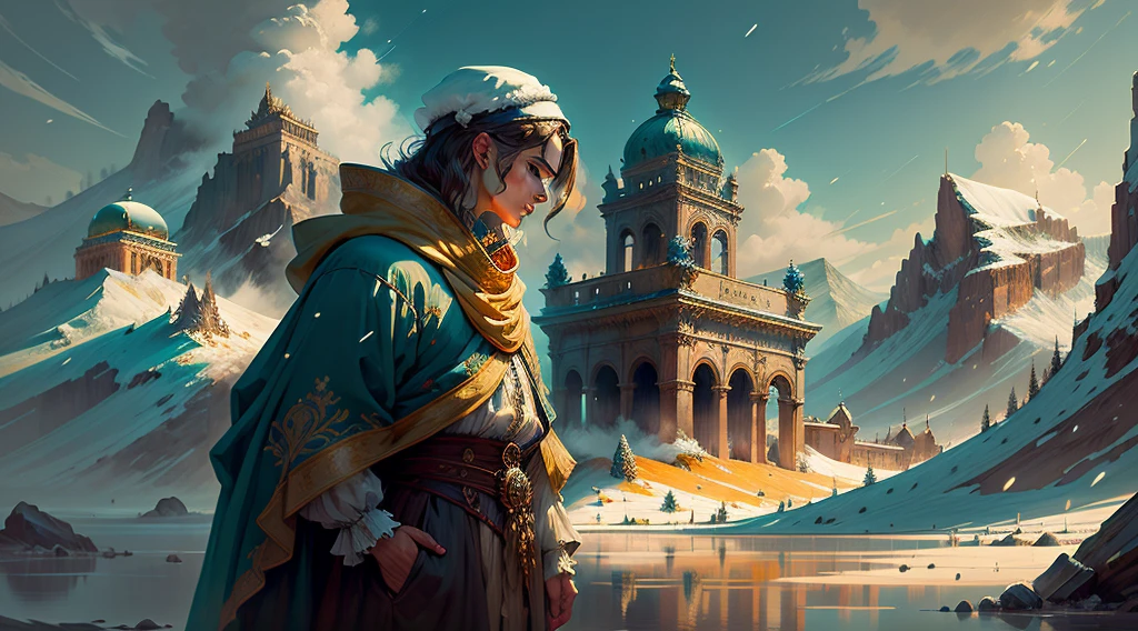 Size: 1920 x 1080 pixels 
Style: Art in the Style of Medieval or Renaissance Illustration 
Main visual: A towering, snow-capped mountain piercing through the clouds, with a golden, glowing palace atop it. The palace is adorned with intricate columns and statues of Greek deities. 
Background: A vast, ethereal sky, painted with hues of blue and gold, with soft, swirling clouds. 
Additional elements: A feeling of awe and majesty permeates the scene.
