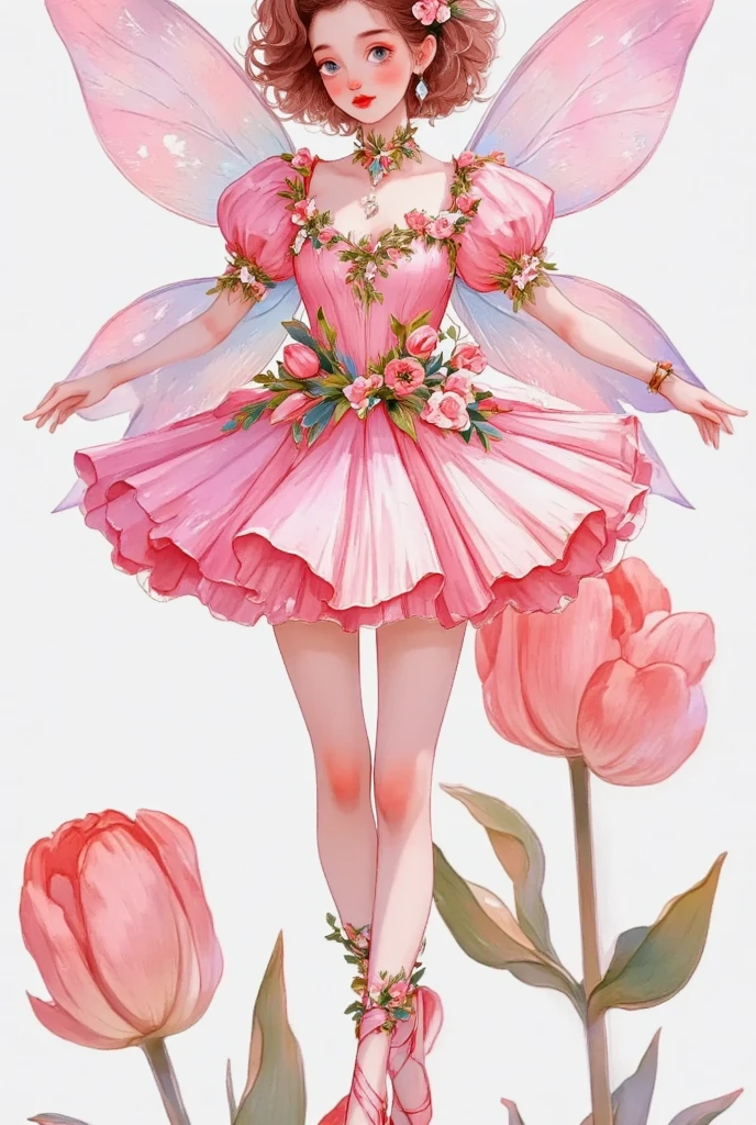  A pink fairy ， Her dress and ballet shoes have floral details ,  with anime-style illustrations .  This character wears a short ballet dress ， reflecting the beautiful theme of spring .  Her hair should be designed with soft curls or buns {x},  highlights her lovely appearance .  Her back has big wings spread out ,  adding to her magical charm .  This design is both elegant and whimsical ,  makes it suitable for various applications ，Such as tattoos,  sticker, printing, or digital art 