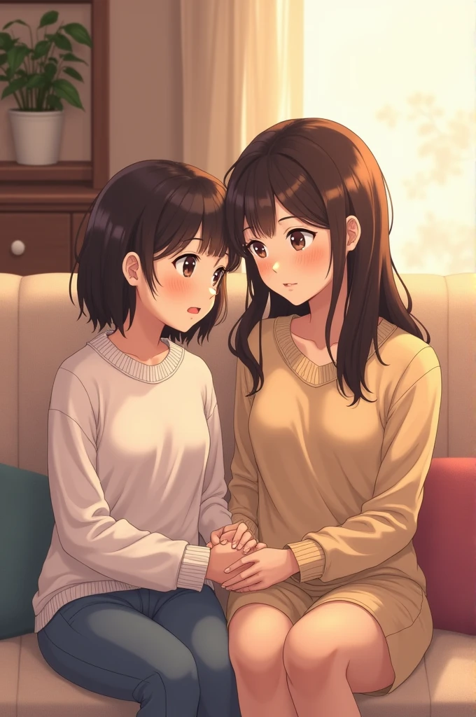 highest quality , very detailed , masterpiece, anime style , cute art, perfection. a mother (( Japanese woman with slightly large breasts, long dark brown hair , light brown eyes)) with her daughter ((a japanese teenager, with breasts still a little small , short dark brown hair , light brown eyes)) at home sitting on the couch .